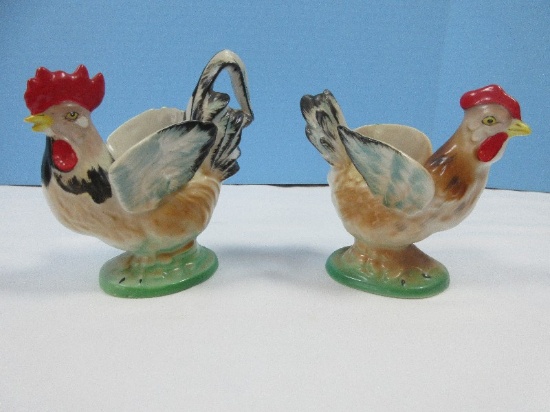 Adorable Pair Ucagco Porcelain Figural 5 1/2" Rooster & 4 5/8" Hen Small Planters