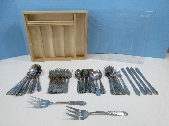 70+ pcs Gibson Stainless Flatware Glossy Finish Scroll Plume Design w/Dovetail Drawer Divided