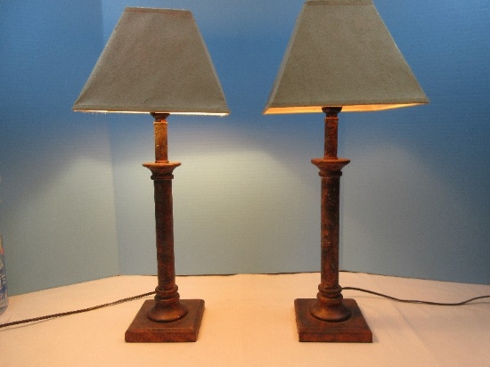 Pair Traditional Column Candlestick 23" Table Lamps Oxidized Copper Patina