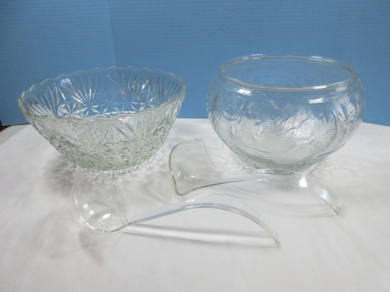 2 Pressed Glass Punch Bowls w/Plastic Ladles Relief Fruit Pattern & Anchor Hocking 12"D