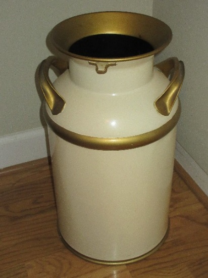 Vintage Painted Galvanized Steel Milk Can 19" w/Double Handle Farmhouse Style Ivory w/Gilt