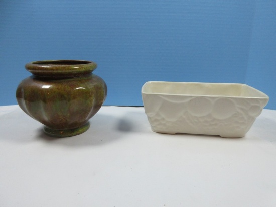 Lot Hull Pottery F18 Matte White Rectangular Planter Relief Fruit Design, Brown Mottled Glaze