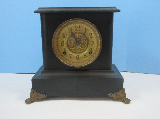 Early E. Ingraham Co. Eight Day Clock Ebonized Case Ormolu Accent Lion's Head Handles & Paw