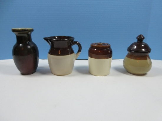 Lot Brown Ceramic Stoneware Pottery Jam Pot/Condiment Jars, RRP Co. 4 3/4" Creamer Pitcher,