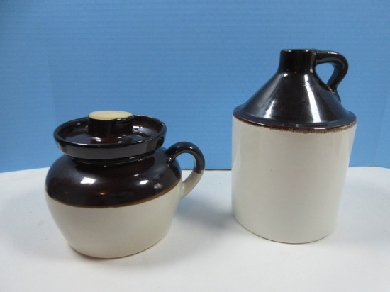Lot Roseville Pottery Single Handled Bean Pot w/Lid & Moonshine Shoulder Jug 8"