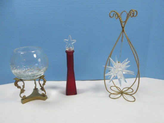 Crystal Rose Bowl on Brass Stand, Moravian Star Christmas Ornament w/Stand & Bottle