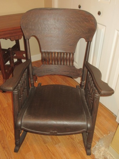 Oak Antique Highback Rocking Chair American Style Arts & Crafts Movement Circa Late 1800's-