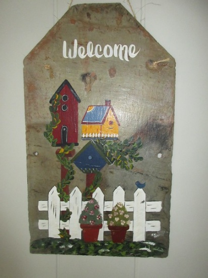 Adorable Hand Painted Slate "Welcome" Plaque w/Birdhouses White Picket Fence * Bluebird