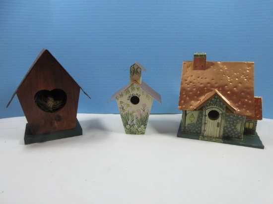 3 Enchanting Handcrafted Decorative Birdhouses Copper Roof Handpainted Spring Flowers,