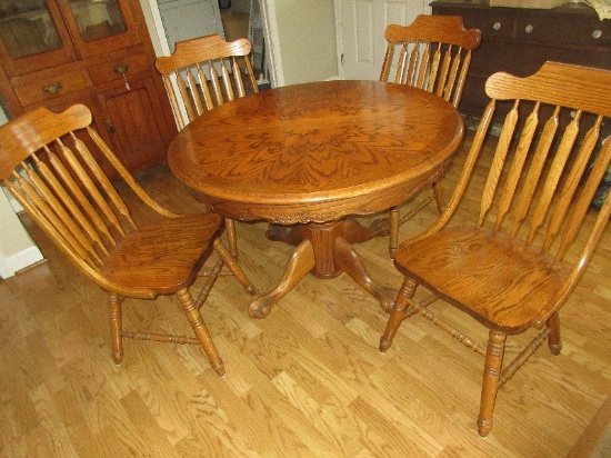 Impressive 5pc Solid Oak Pedestal 44"D Table w/Butterfly Leaf Ball & Claw Feet & 4 Paddle Back