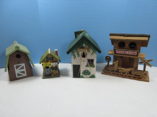 4 Enchanting Handcrafted Decorative Birdhouses Train Station, Classic Bed Barn & Garden Cottage