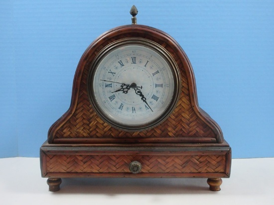 Ornamental Quartz Mantel Shelf Clock w/Drawer Pineapple Finial Herringbone Design Case