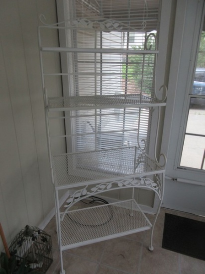 Elegant White Wrought Iron Baker's Rack w/Foliage Accent Scrollwork Trim Wire Mesh Shelves