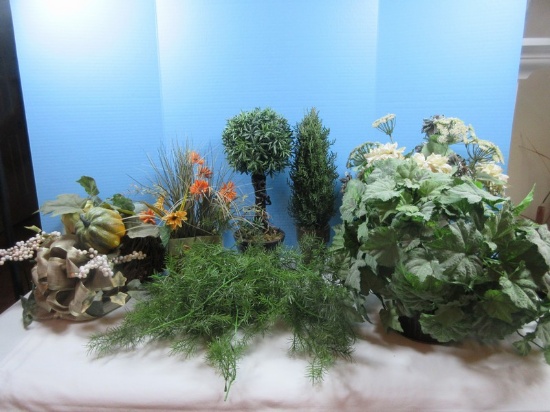 Lot Vine Cornucopia w/Fall Harvest, Ceramic Vase w/Floral Arrangement, Tin Bucket w/Greenery