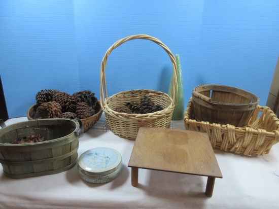 Lot Misc Baskets, Pine Cones, Lucky Buckeyes, Tin, Planter Basket etc.