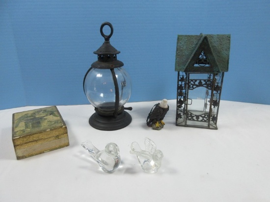 Lot Studio Art Glass Bird Figurine, Small Candle Holder Bord, Italian Florentian Trinket Box