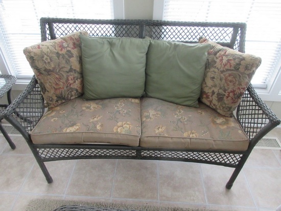 Simulated Wicker Loveseat Settee w/Cushion & Accent Pillows-35 1/2"H x 53"