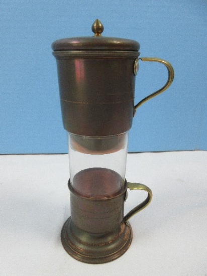 Antique Unique French Press Coffee Maker Cylindrical Copper Container, Glass Cup Insert &