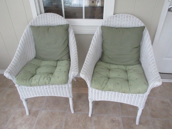 Pair Pier 1 Imports Rattan Wicker Heirloom Collection Curved High Back Chairs Painted White