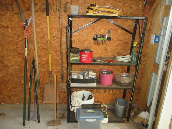 Lot Yard Tools, Sledge Hammer, Metal Shelf Unit, Grease Gussies Hardware Nails etc.
