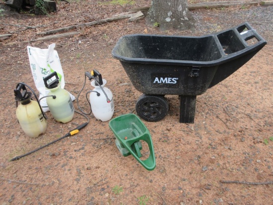 Lot Ames Garden Cart, 3 Sprayers, Scotts Handy Green II Fertilizer Spreader etc.