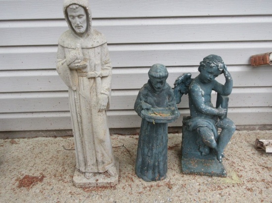 3 Garden Statuettes Concrete 26" St. Francis of Assisi, Terra Cotta St. Francis & Molded Polyres