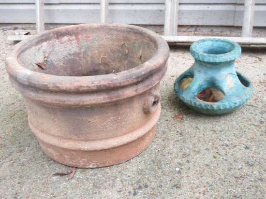 Terra Cotta Lot Tub Style 15 1/2" Round Planter & Strawberry Pot Verdigris Patina
