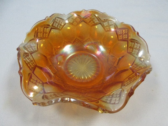 Marigold Carnival Pressed Glass Hex & Diamond Pattern 6" Bowl Flared Rim