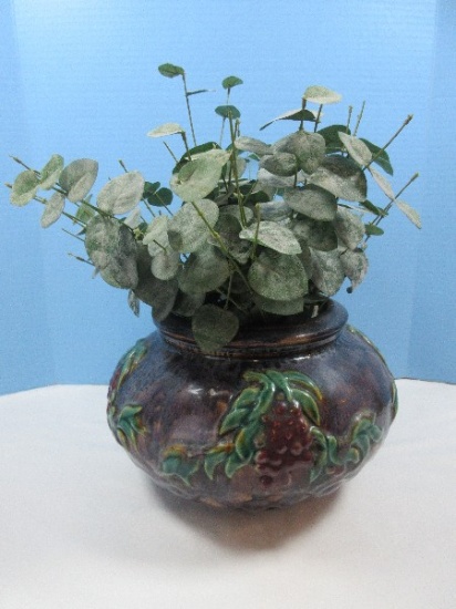 Gorgeous Majolica Style Jardiniere Planter Relief Grape Vine Pattern Mottled Amethyst Glaze