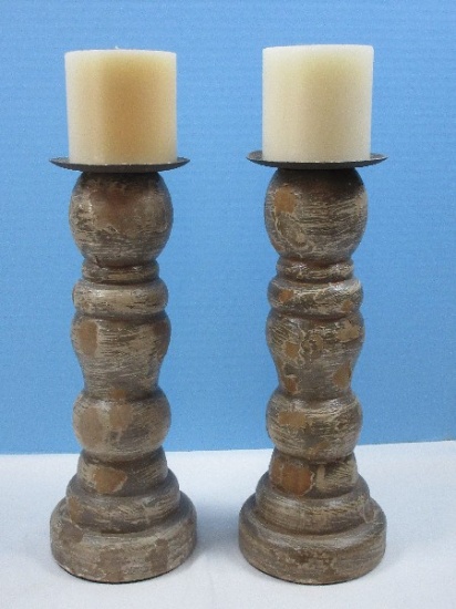 Pair 12" Rustic Distressed Pillar Candle Stands w/Cozy Vanilla scented 3" x 3" Pillar Candles
