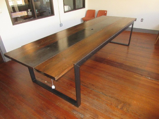 Industrial Steel Frame Base Post Modern Conference Table Heart Pine Top w/Metal Center