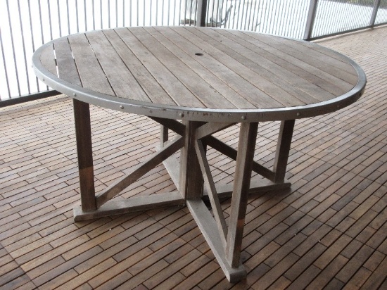 Natural Teak Patio Desk Table Aluminum Band Trim Weather Patina- 54 1/2"D