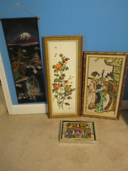 Lot Carved Acrylic hand Painted 2 Geishas & Child Dressed in Kimonos w/Shamisen Musical