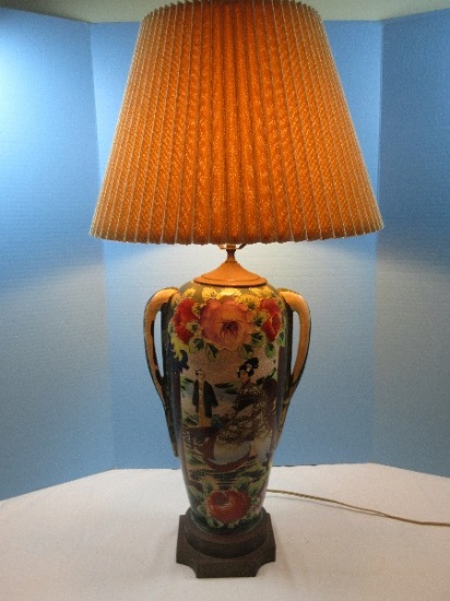 Exceptional Satsuma Ware Stylized Hand Painted Handled Vase Form 33" Table Lamp Reflection
