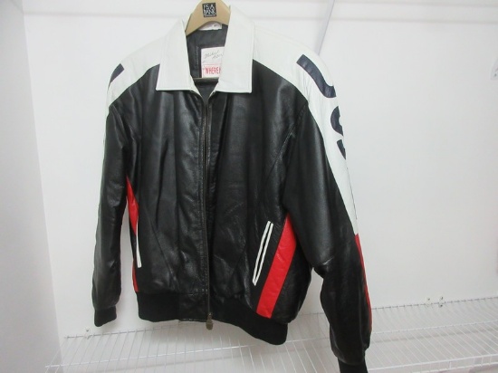 Michael Hoban USA Leather Bomber Jacket Knitted Cuffs Flag on Back Embroidery Stars USA on