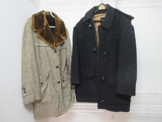 2 Men's Winter Coats Vintage Tweed Style Heather Design Over Coat Fauz Fur Collar Size 40,