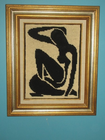 Unique Matisse Inspired Risque Black Nude Needlepoint Fauvism Stylized Mid 20th Century