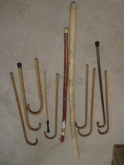 Assortment of Wooden Canes, 65" Staff Carved Chinese Dragon & 49" Hiking Stick Carved Elderly