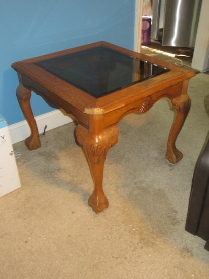 Traditional Oak End Table w/Smoked Beveled Glass Insert Top Carved Knee on Ball & Claw Feet