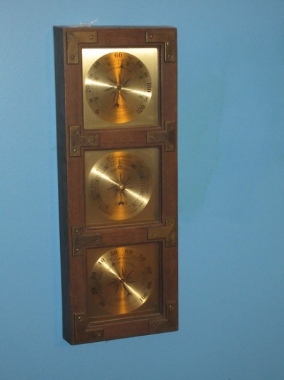 Vintage Springfield Weather Station Simulated Oak Case w/Brass Accents Wall Mount Weather