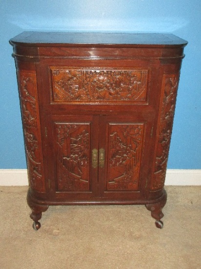 Phenomenal George Zee Stylized Mid Century Intricately Hand Carved Dry Bar Cabinet Asian