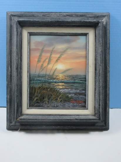Original Oil on Board Beach Scene At Sunset Depicts Sea Oats Gentle Ocean Reflected Sun Artist