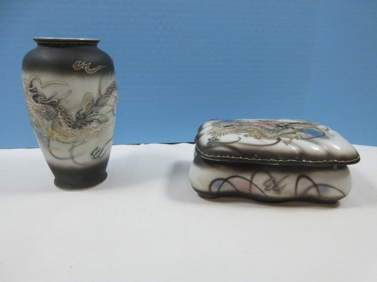 3pcs Porcelain Moriage Dragonware Design 6 1/2" Vase & Rectangular Vanity Dresser Trinket Box