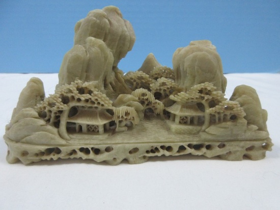 Vintage Intricately Heavily Carved Soap Stone Depicting Mountain Village Chinese Sculpture-
