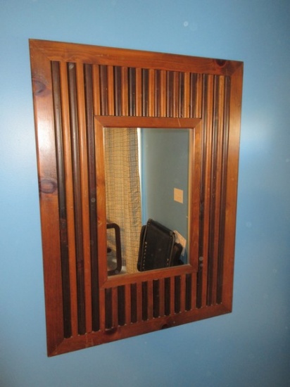 Groovy Retro Knotty Pine Two Tone Stain Finish Framed Wall D‚cor Slat Mirror- 32" x 42 1/2"