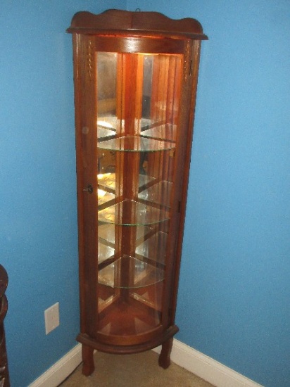 Charming Country Cottage Petite Oak Corner Curion Cabinet Curved Glass Mirror Back & Light +