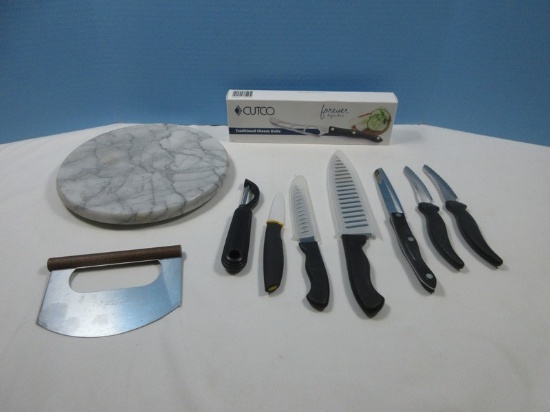Lot 10" Round Foot Marble Disc, Cutco New Traditional Cheese Knife, Mezzaluna Food Chopper,