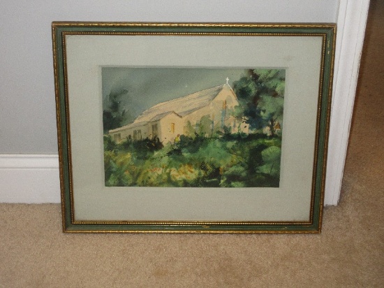 Church in The Wildwood Original Watercolor Artist Signed Robert F. Calrow Framed Depicts