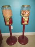2 Gumball Machine Plastic Globe Sitting on Red Metal Base Stands Operated Mechanically Coin