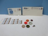 Lot First Day of Issue Postage Stamps, Nixon Agnew Campaign & Other Buttons/Stamps